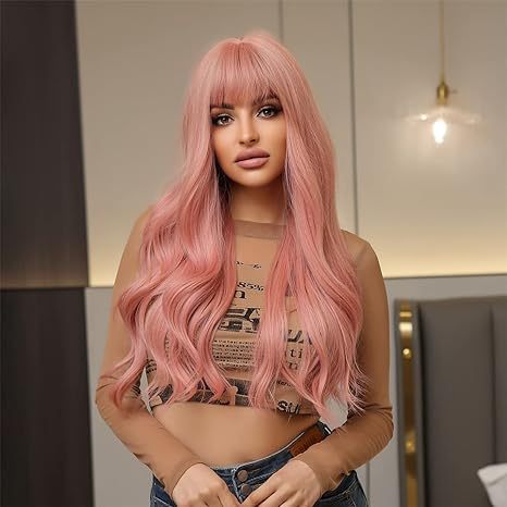 Long Pink Wig Synthetic Heat Resistant Nature Curly Wavy Wigs With Hair Bangs For Party Daily Cosplay
