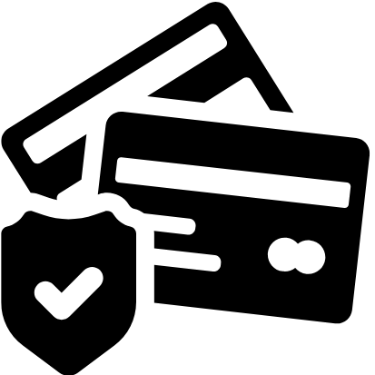 Black icon of a shield with a check mark and two credit cards on a white background