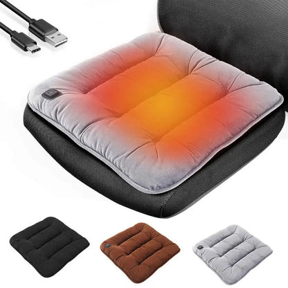 Heated seat cushion with USB cable on a chair, showing different color options.