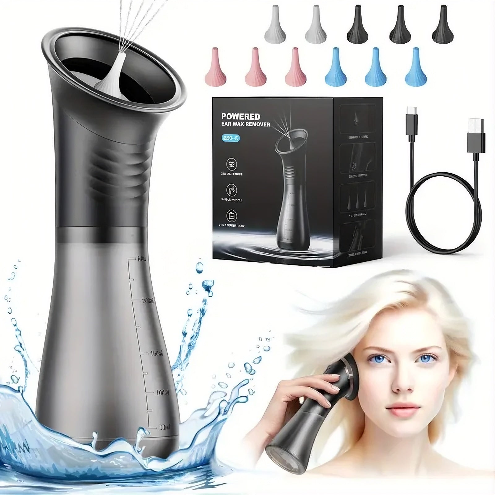 Ear cleaning device with packaging, nozzles, and a woman using it.