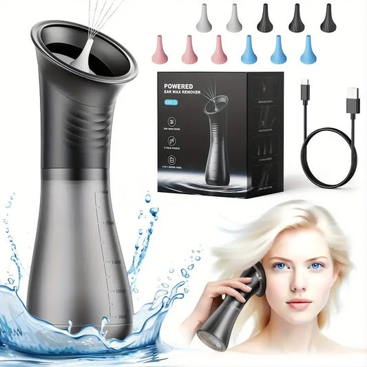 Ear cleaning device with packaging, nozzles, and a woman using it.