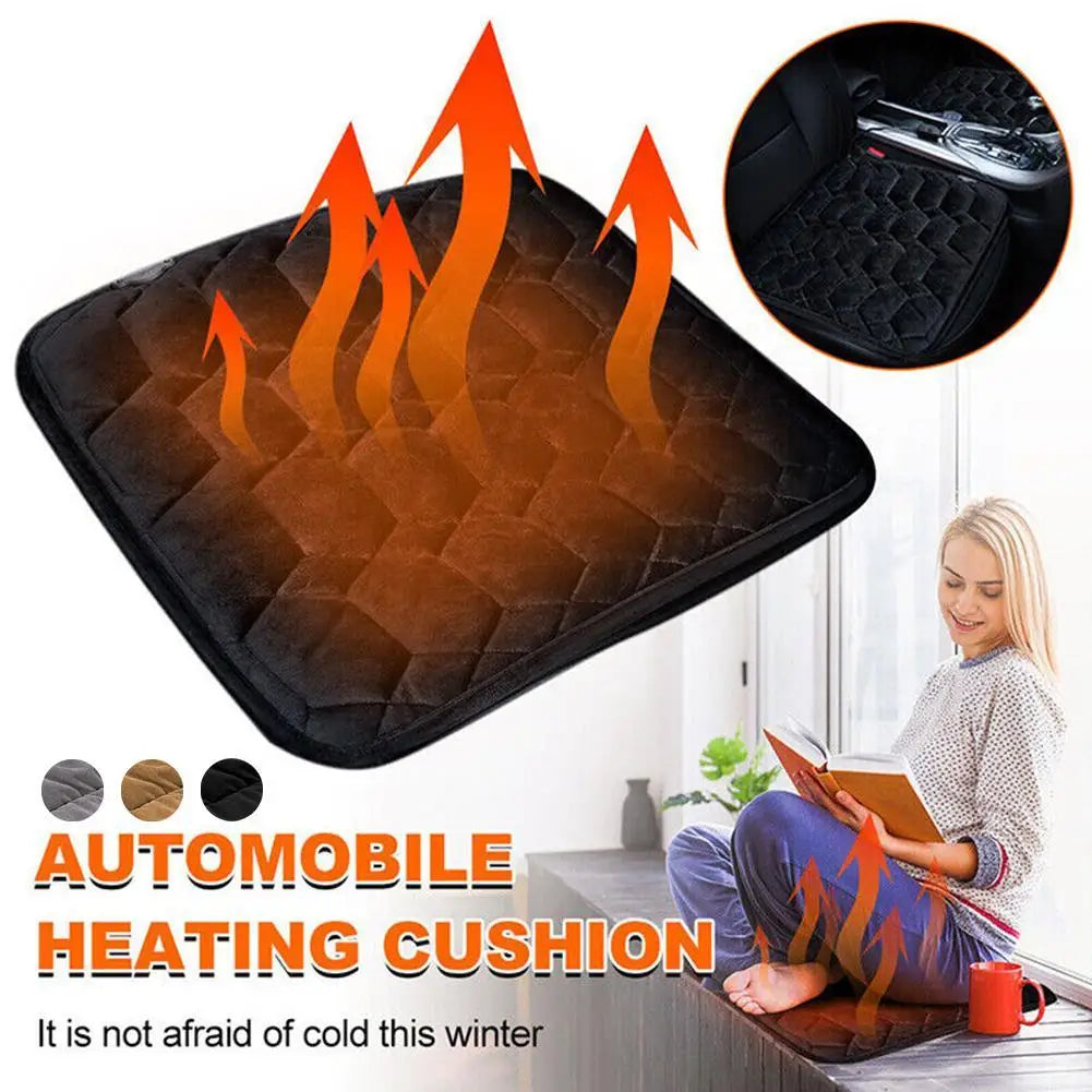 Automobile heating cushion with flames and a person reading a book on a cold day.