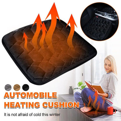 Automobile heating cushion with flames and a person reading a book on a cold day.