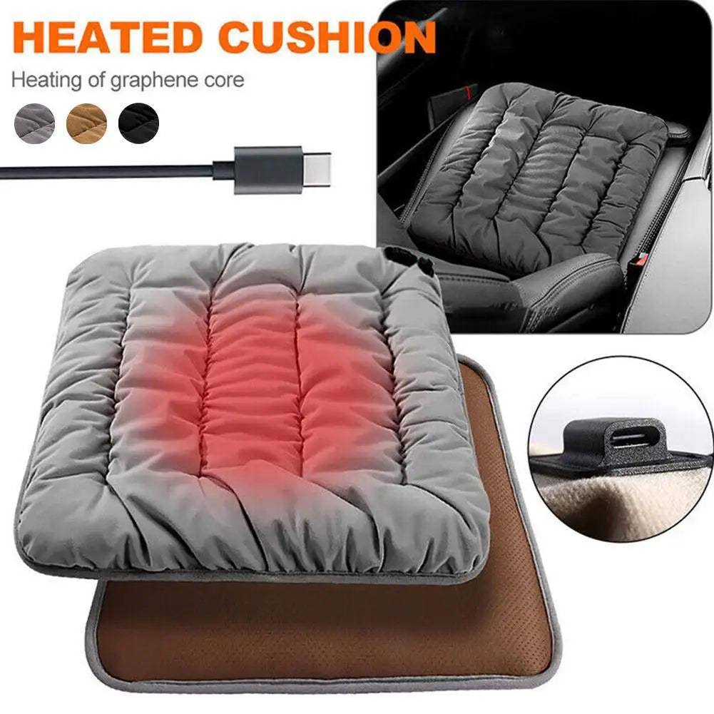 Heated cushion with graphene core heating element, shown on a car seat.