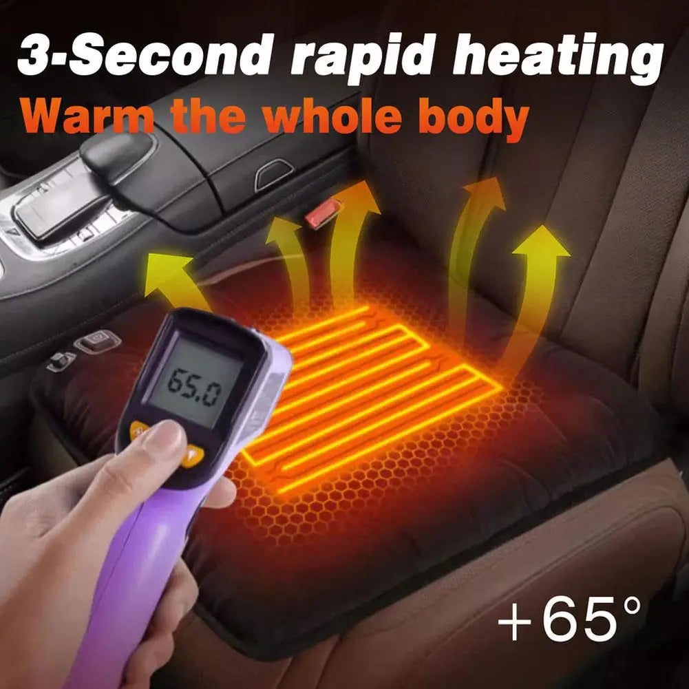 Car seat heater with digital thermometer showing 65 degrees, heating up a car seat.