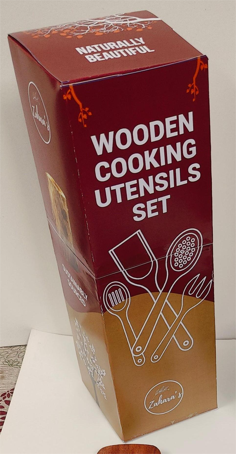 Zahara's - Premium Acacia Wood Cooking Utensils Set, 8-Piece Handcrafted Kitchen Tools with Holder, Premium Wood Spoons, Spatulas and Strainer for Home Cooking