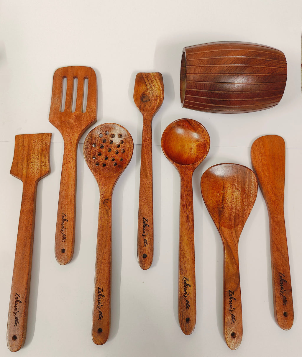 Zahara's - Premium Acacia Wood Cooking Utensils Set, 8-Piece Handcrafted Kitchen Tools with Holder, Premium Wood Spoons, Spatulas and Strainer for Home Cooking