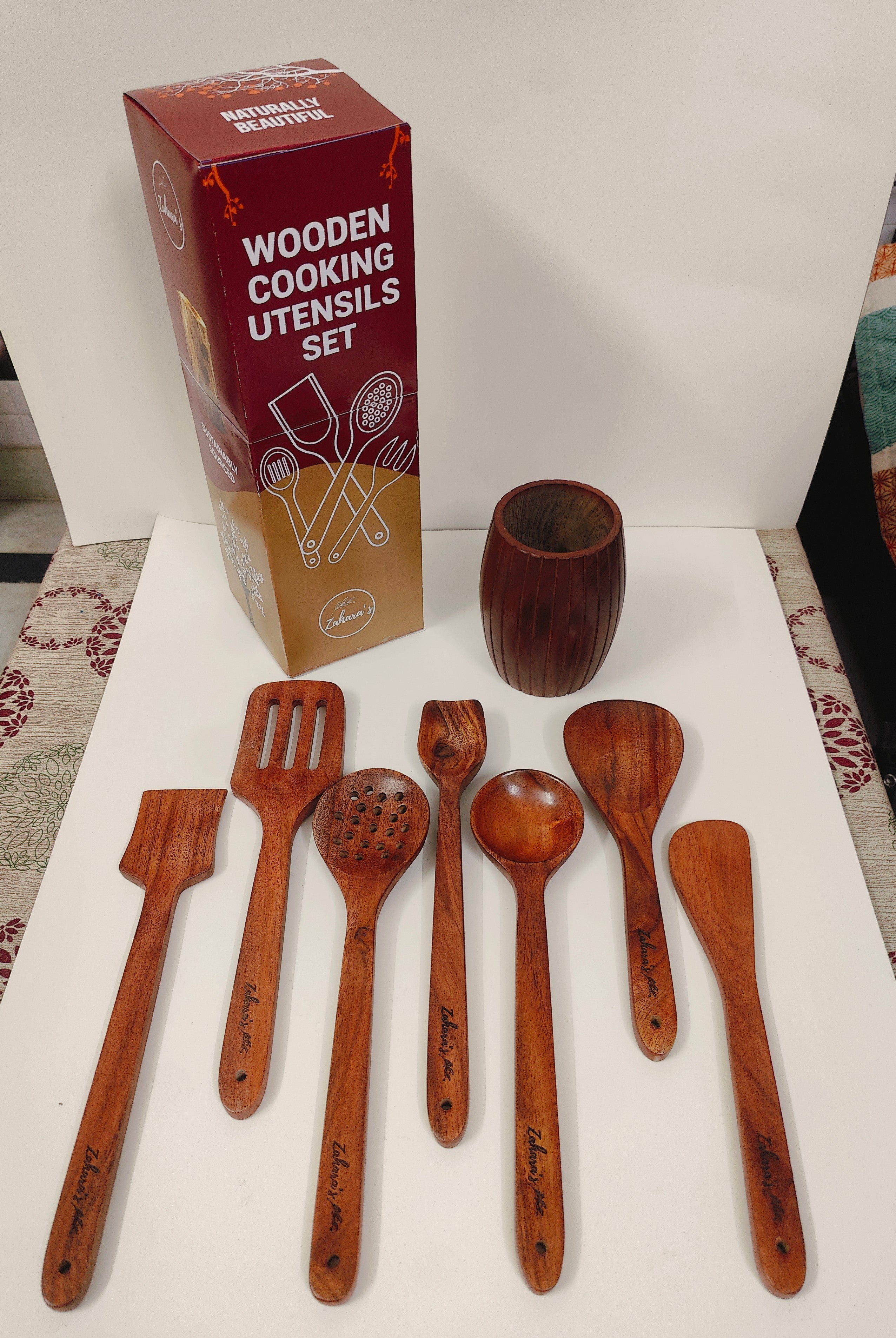 Zahara's - Premium Acacia Wood Cooking Utensils Set, 8-Piece Handcrafted Kitchen Tools with Holder, Premium Wood Spoons, Spatulas and Strainer for Home Cooking