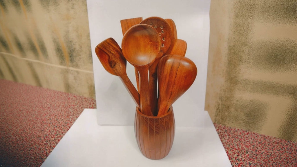 Zahara's - Premium Acacia Wood Cooking Utensils Set, 8-Piece Handcrafted Kitchen Tools with Holder, Premium Wood Spoons, Spatulas and Strainer for Home Cooking